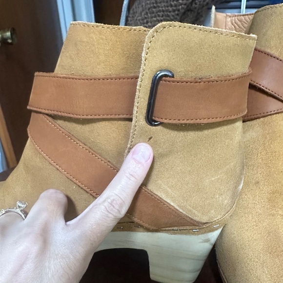 Free People Bungalow Tan Suede Leather Wooden Blog Boots Sz 8 - Picture 12 of 13